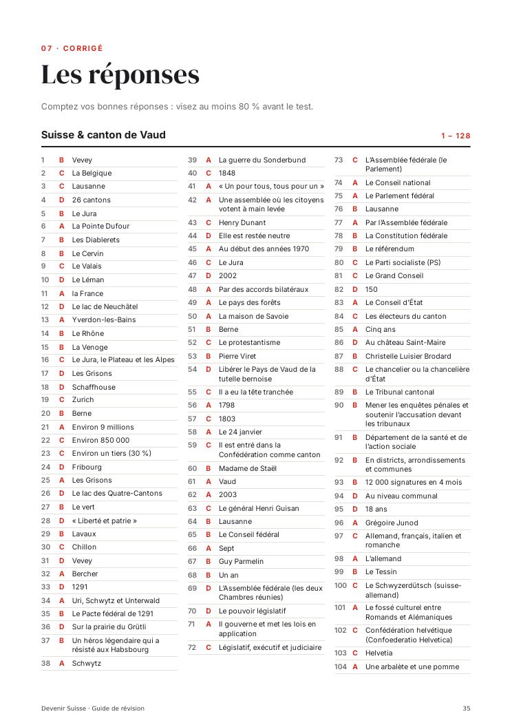 Page du corrigé avec les réponses