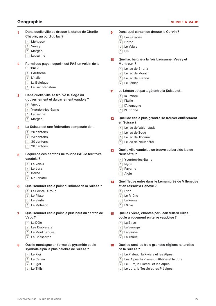 Page de questions à choix multiple en géographie